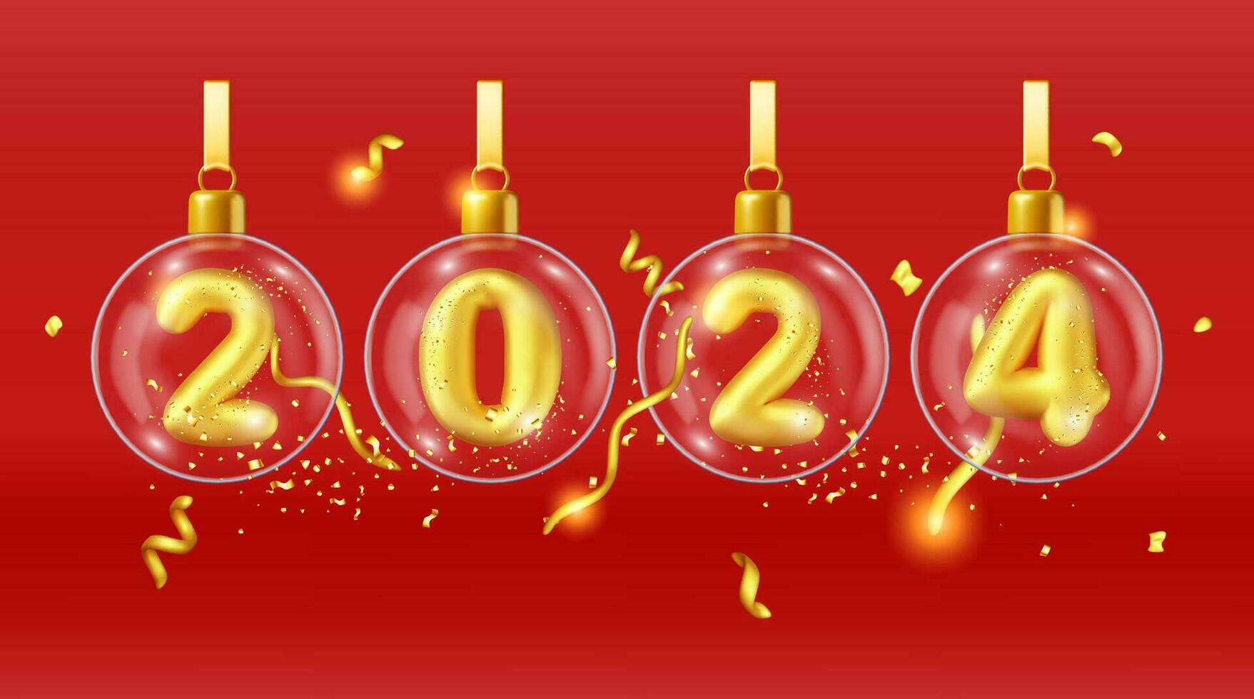 3d or ballon 2024 Nouveau année symbole dans verre des balles. rendre d'or 2024 nombre vacances fête décoration. métallique ballon brillant Police de caractère. Nouveau année et Noël fête. réaliste vecteur illustration