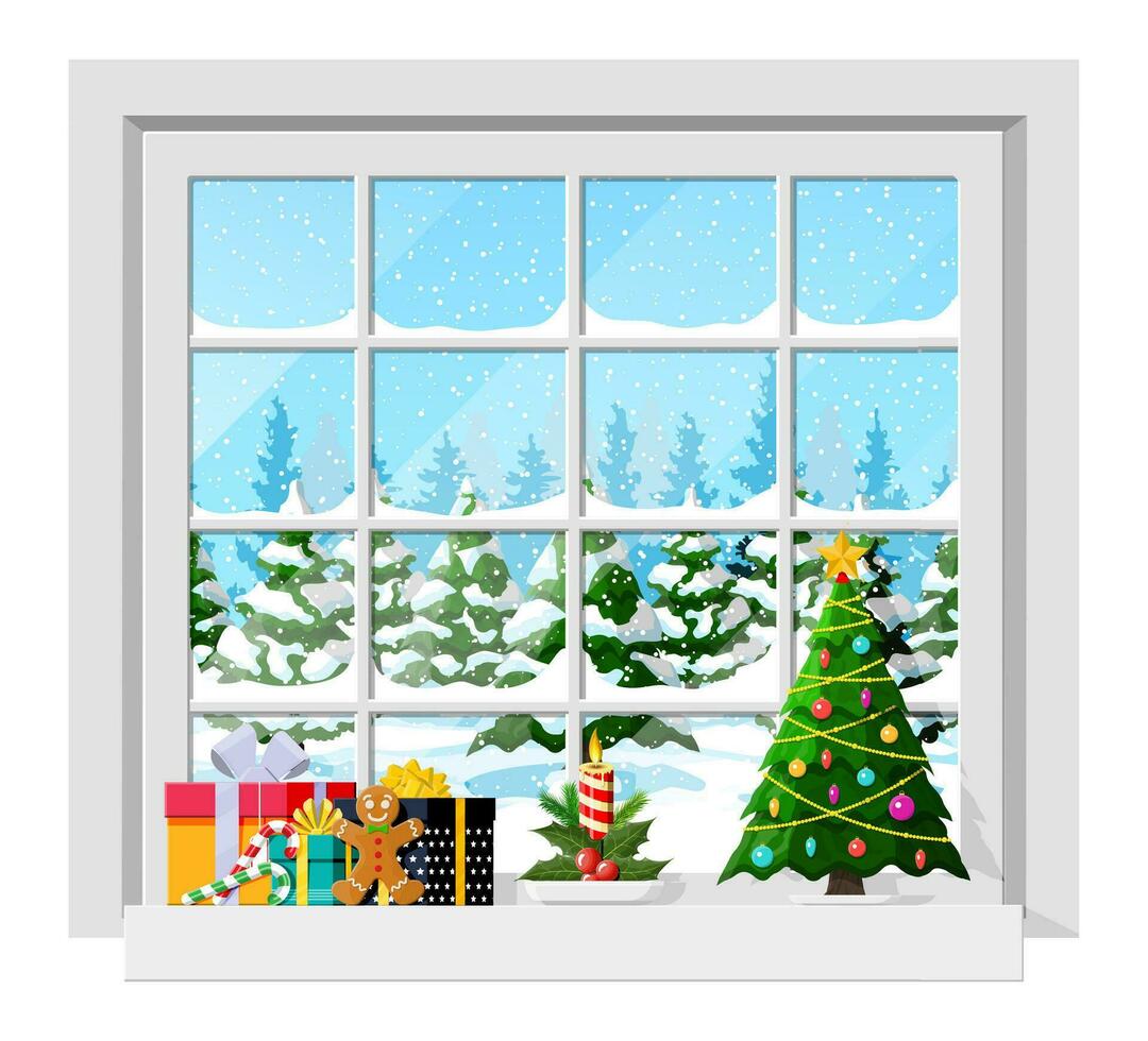 confortable intérieur de pièce avec la fenêtre. content Nouveau année décoration. joyeux Noël vacances. Nouveau année et Noël fête. hiver paysage, arbre, neige, village. dessin animé plat vecteur illustration.