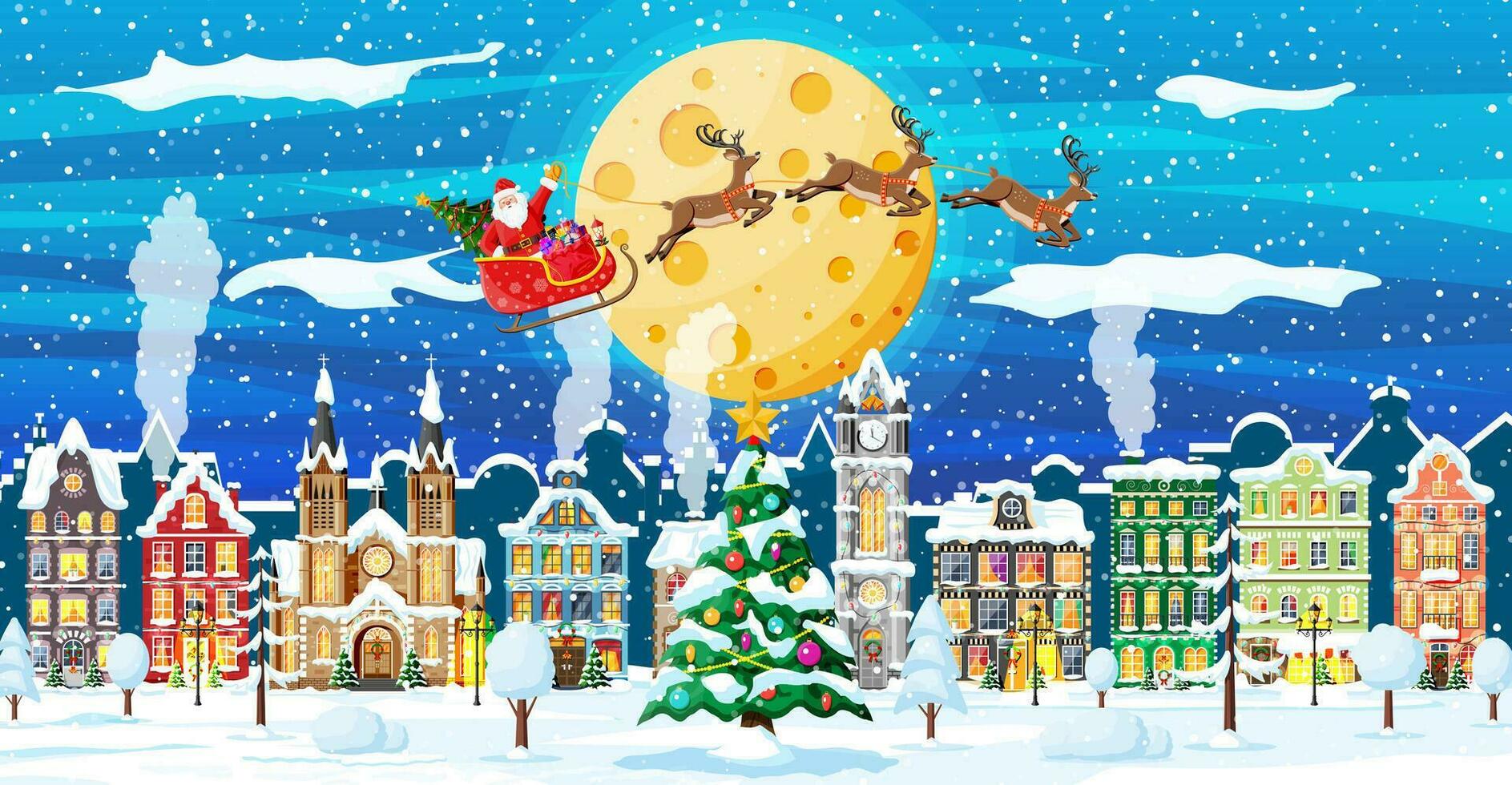 Noël carte avec Urbain paysage et chute de neige. paysage urbain avec coloré Maisons avec neige dans nuit. hiver village, confortable ville ville panorama. Nouveau année Noël Noël bannière. plat vecteur illustration