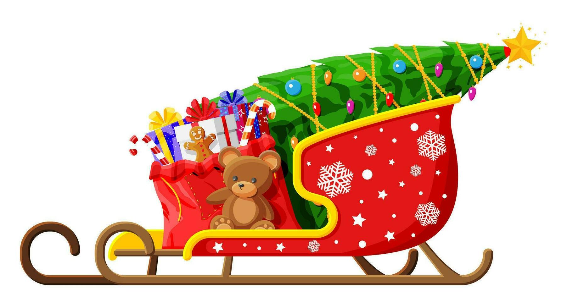 Noël Père Noël claus traîneau avec cadeaux des boites, jouets et arbre. vacances présente dans une luge. content Nouveau année décoration. joyeux Noël vacances. Nouveau année et Noël fête. plat vecteur illustration