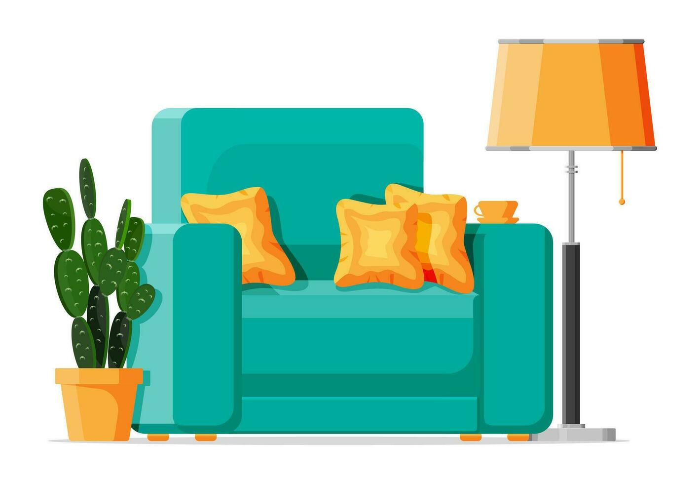 vert fauteuil avec blanc oreiller isolé sur blanche. vivant pièce chaise meubles. décoré moderne intérieur élément avec usine, lampe. intérieur article pour se détendre et travail. dessin animé plat vecteur illustration