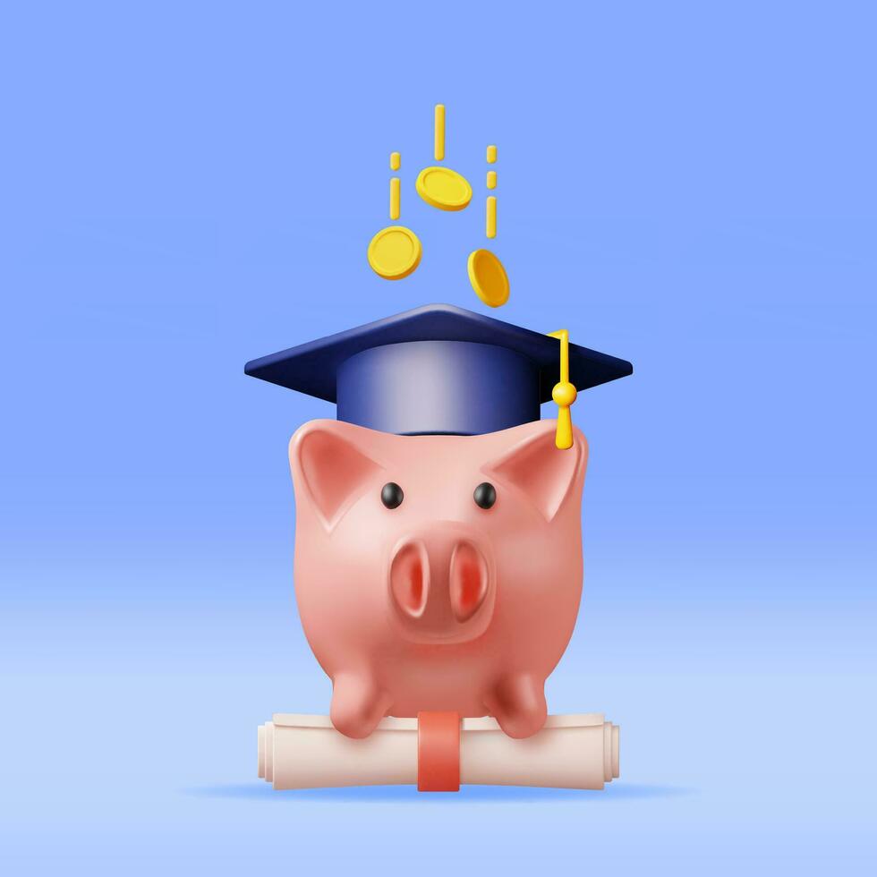 3d porcin banque avec l'obtention du diplôme casquette, diplôme faire défiler et d'or pièces de monnaie. rendre concept de des économies pour éducation. des économies et investissement. académique et école connaissance. réaliste vecteur illustration