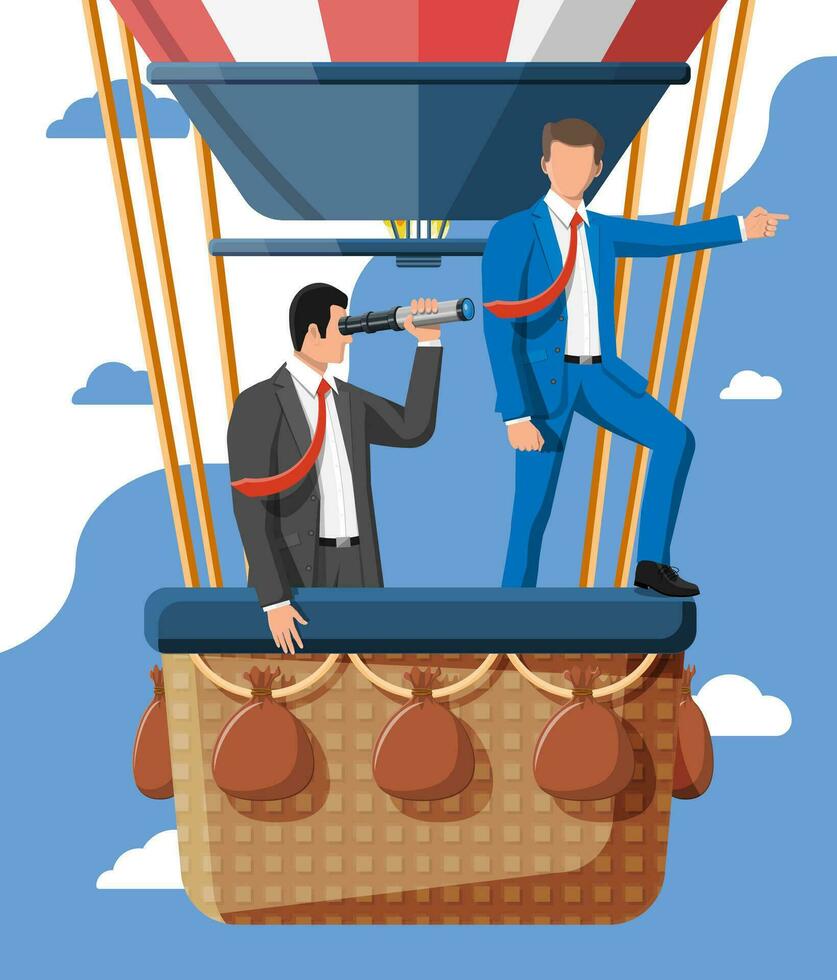 affaires gens sur air ballon. homme d'affaire avec longue-vue. équipe travail, collaboration. recherche affaires Solution et stratégie. Succès réussite affaires vision carrière but. plat vecteur illustration