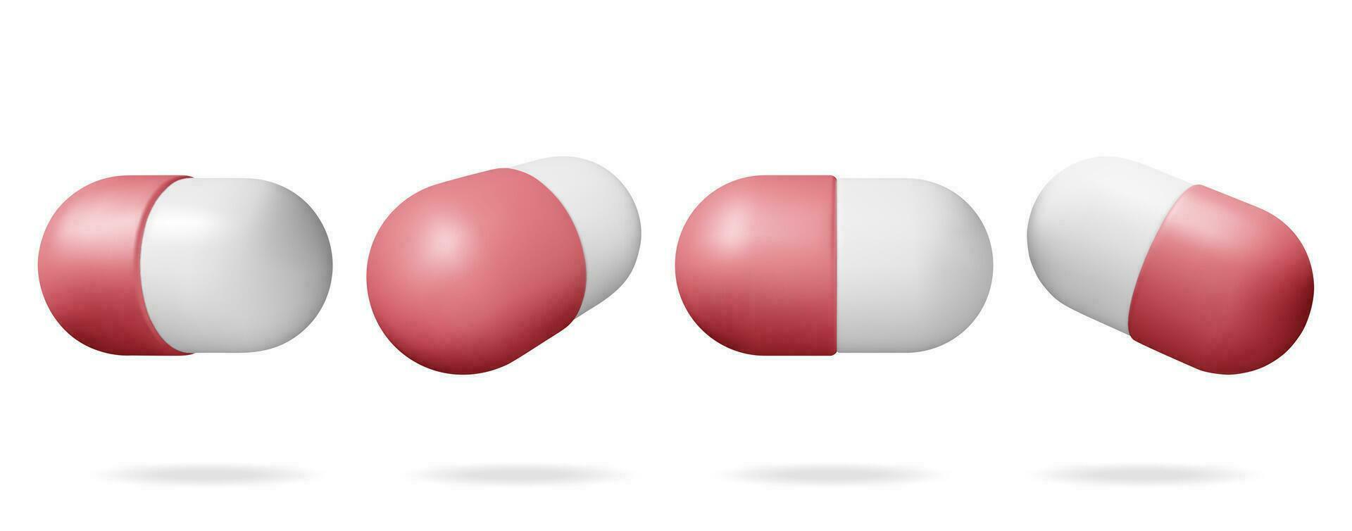 3d classique capsule pilules de différent angles collection. rendre capsule comprimés ensemble. pilule pour maladies et douleur traitement. médical médicament, vitamine, antibiotique. soins de santé pharmacie. vecteur illustration