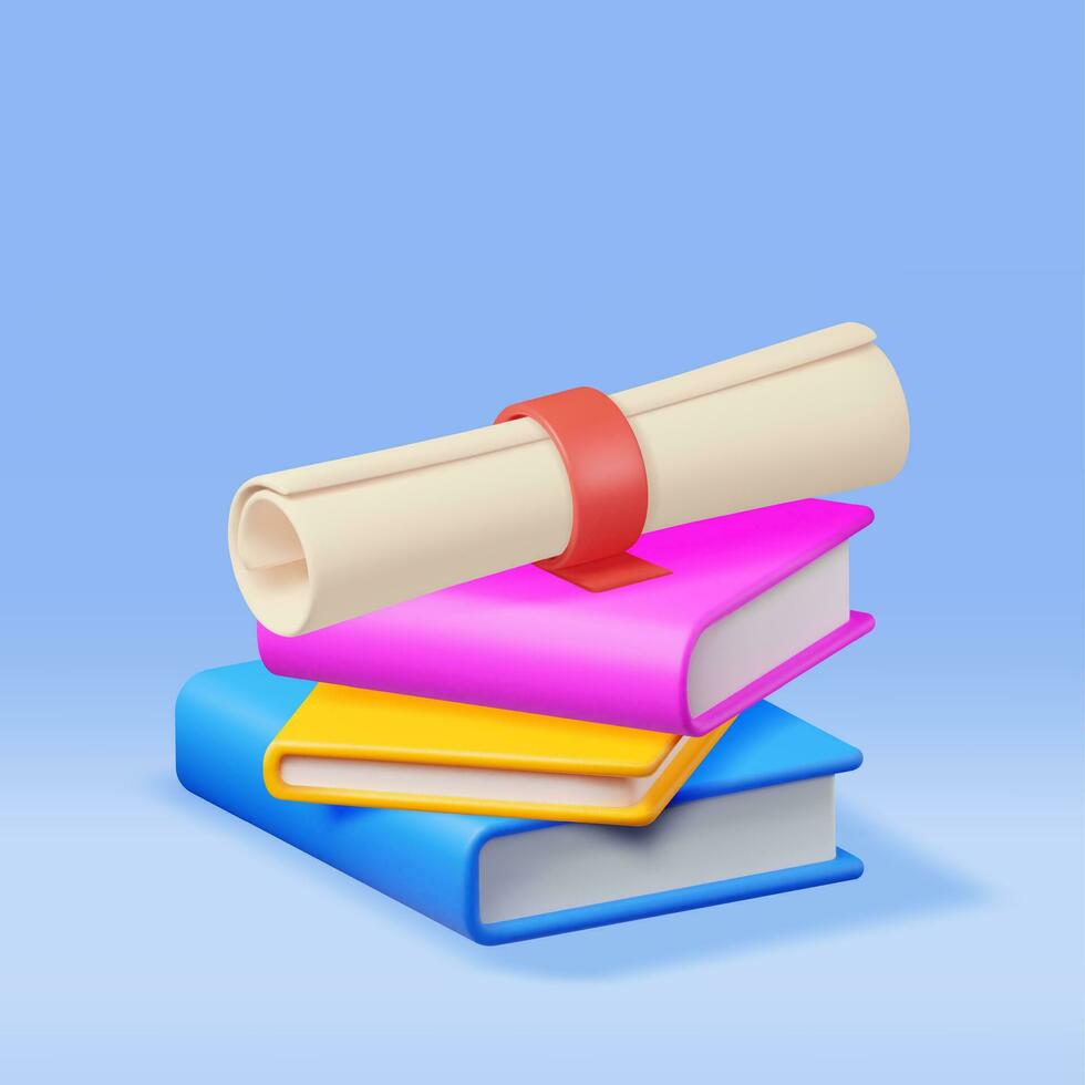 3d l'obtention du diplôme diplôme et empiler de livres isolé. rendre l'obtention du diplôme certificat faire défiler et cahier de texte. éducation symbole. retour à école. éducation, diplôme la cérémonie concept. vecteur illustration