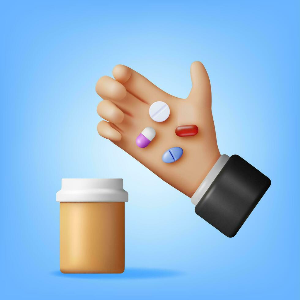 3d Plastique bouteille plein de pilules dans main. rendre médicament paquet pour pilules, capsule, drogues. boîte pour maladies et douleur traitement. prise pilules concept. soins de santé pharmacie. vecteur illustration