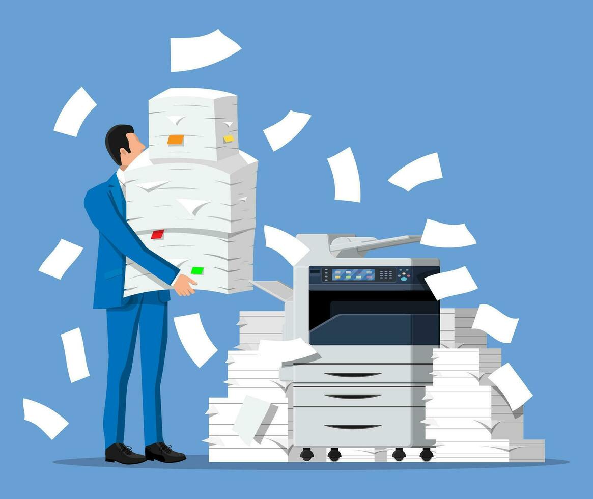 stressé homme d'affaire détient pile de Bureau documents. surmené affaires homme avec piles de papiers. Bureau imprimante machine. stress à travail. bureaucratie, formalités administratives, gros données. plat vecteur illustration