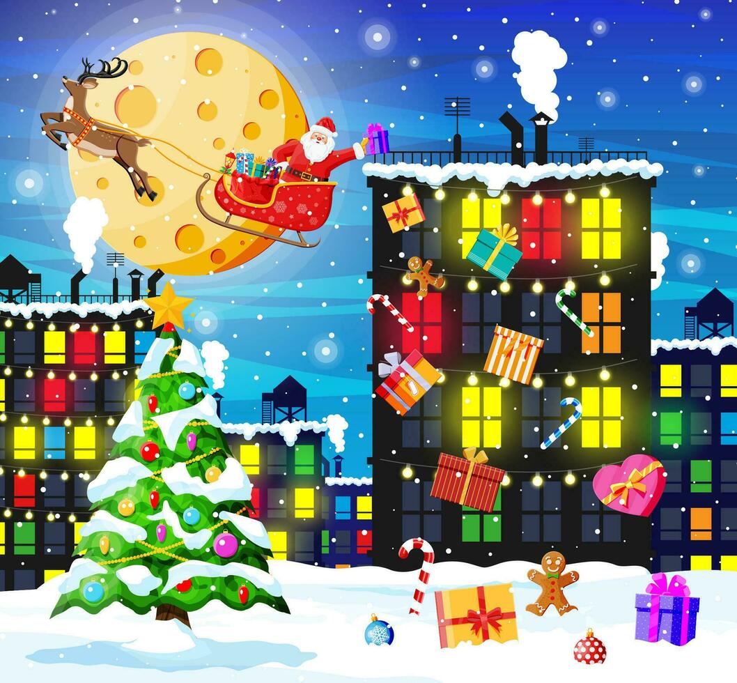 Noël carte avec Urbain paysage et chute de neige. paysage urbain avec coloré Maisons avec neige dans nuit. hiver confortable ville ville panorama. Nouveau année Noël Noël bannière. plat vecteur illustration