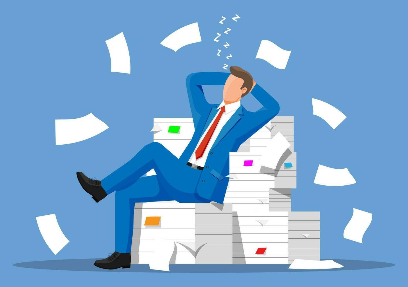 affaires homme personnage sommeil dans bouquet de papiers. fatigué homme d'affaire ou Bureau ouvrier en train de dormir sur lieu de travail. stress à travail. bureaucratie, formalités administratives, date limite. vecteur illustration dans plat style