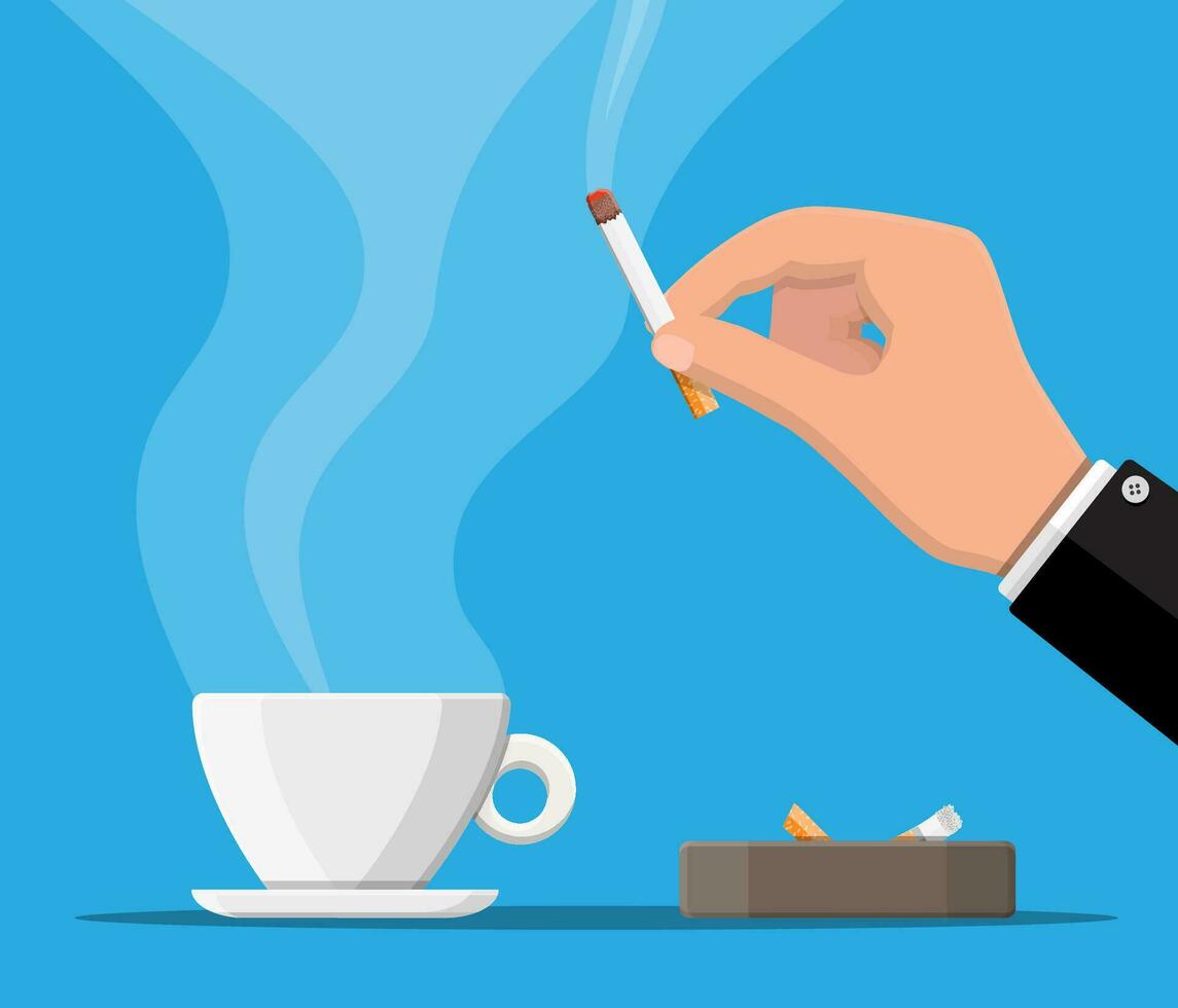 café tasse et cendrier plein de fume cigarettes. mauvais pour la santé mode de vie. petit déjeuner et Matin. vecteur illustration dans plat style