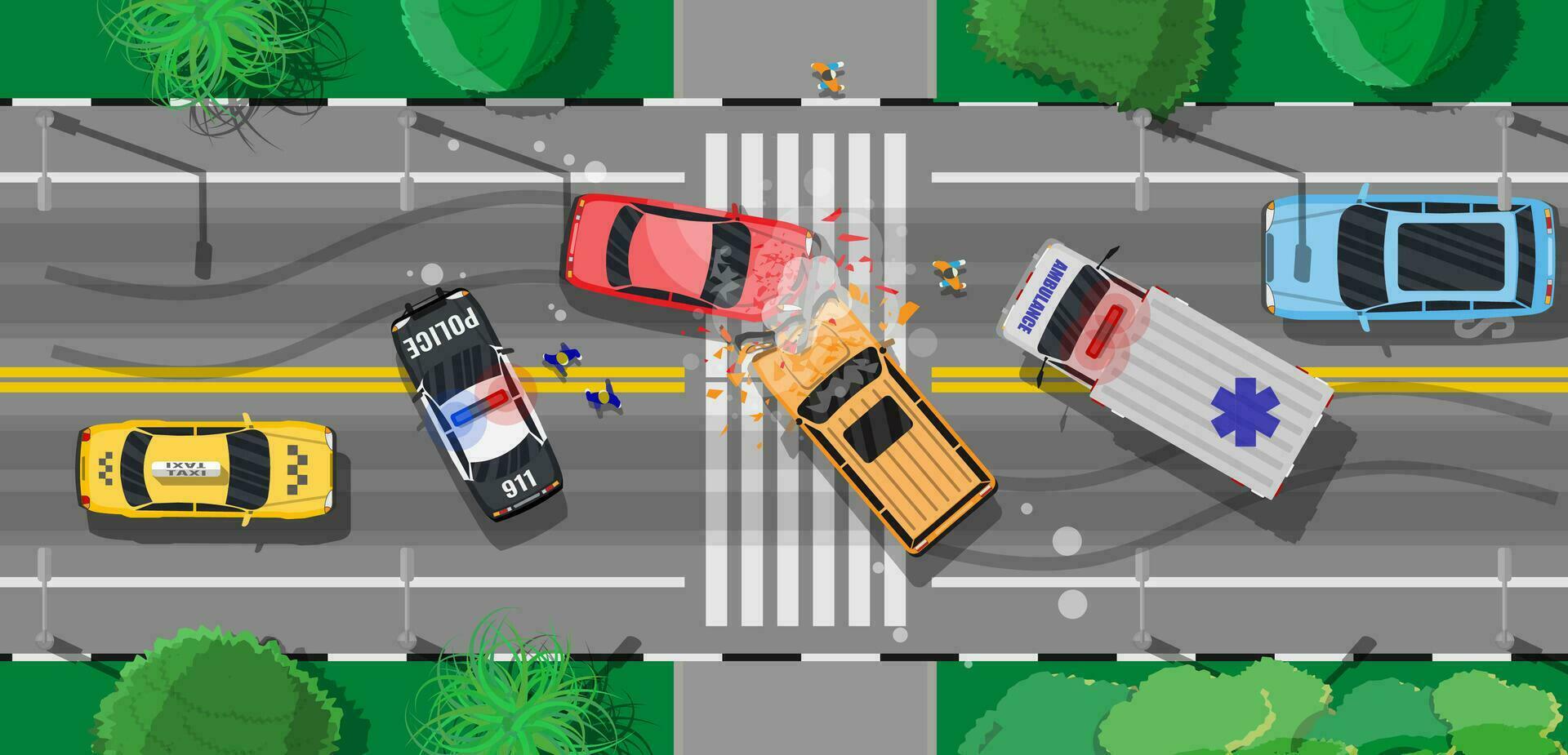 route accident entre deux voitures. cassé ailes pare-chocs écrasé les fenêtres. ville asphalte Carrefour marquage, passerelles. rond point route jonction. circulation règlements. règles de route. plat vecteur illustration