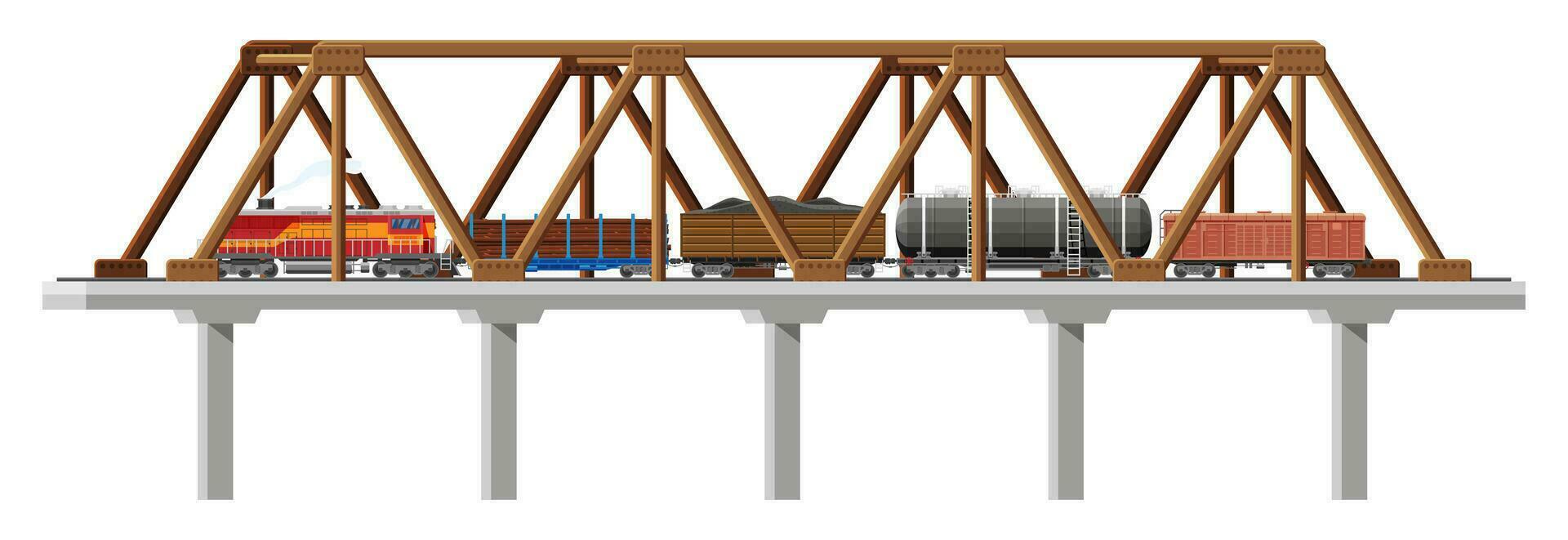 cargaison train sur pont. des wagons, citernes, réservoirs, voitures. chemin de fer cargaison collection. wagon plat, wagon couvert. industriel voitures sur aqueduc, côté voir. cargaison rail transport. plat vecteur illustration