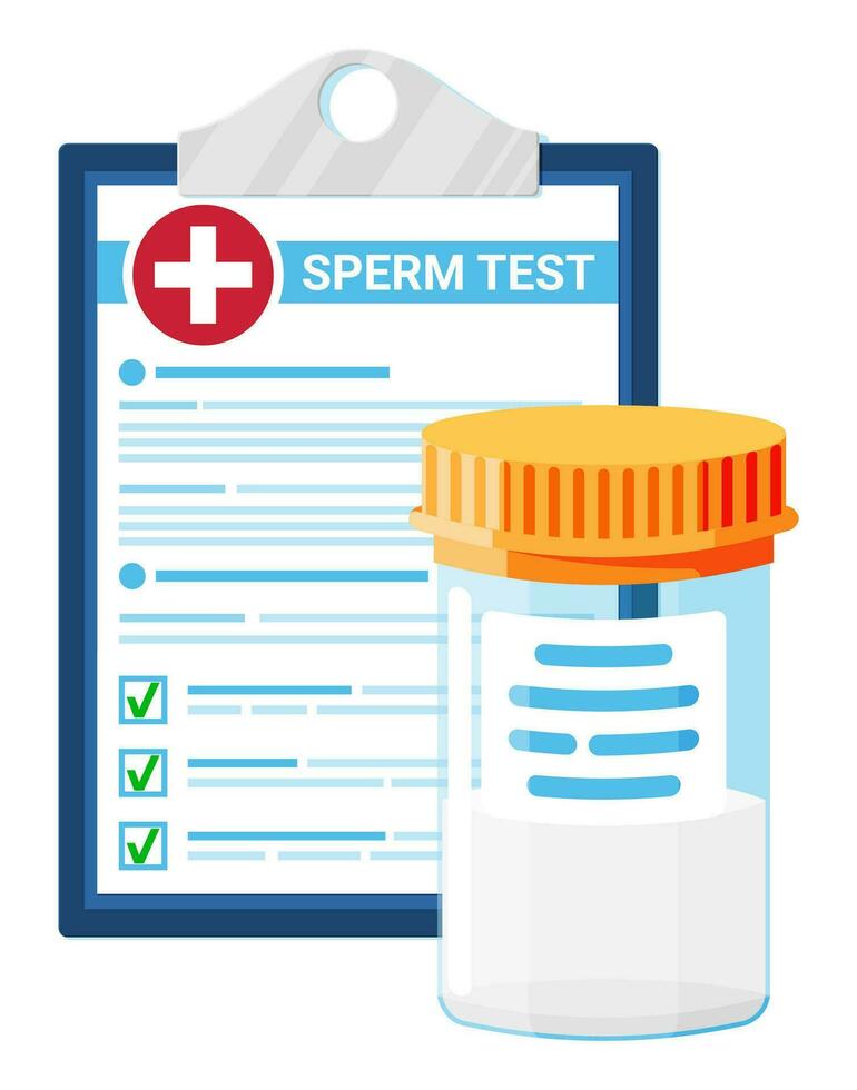 sperme tester tube, médical forme avec résultats données. médical échantillon dans verre tube. laboratoire récipient avec sperme. spécimen tasse pour Masculin la fertilité analyse. sperme don. plat vecteur illustration