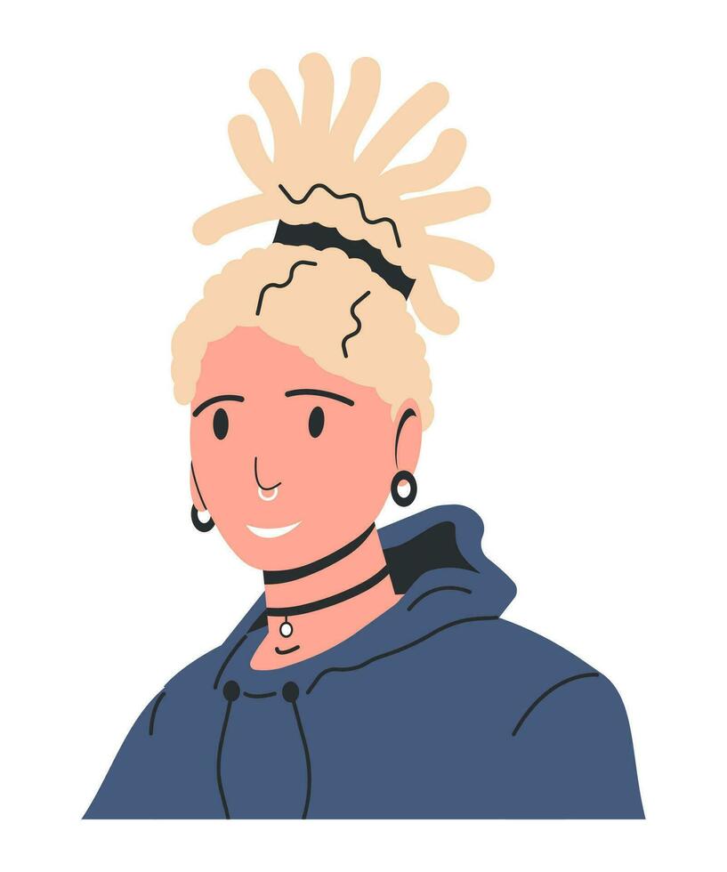 femme dans décontractée vêtements isolé. moderne fille dans sweat à capuche avec des dreadlocks. femelle personnage dans décontractée vêtements. hippie la personne dans décontractée tenue. dessin animé plat vecteur illustration