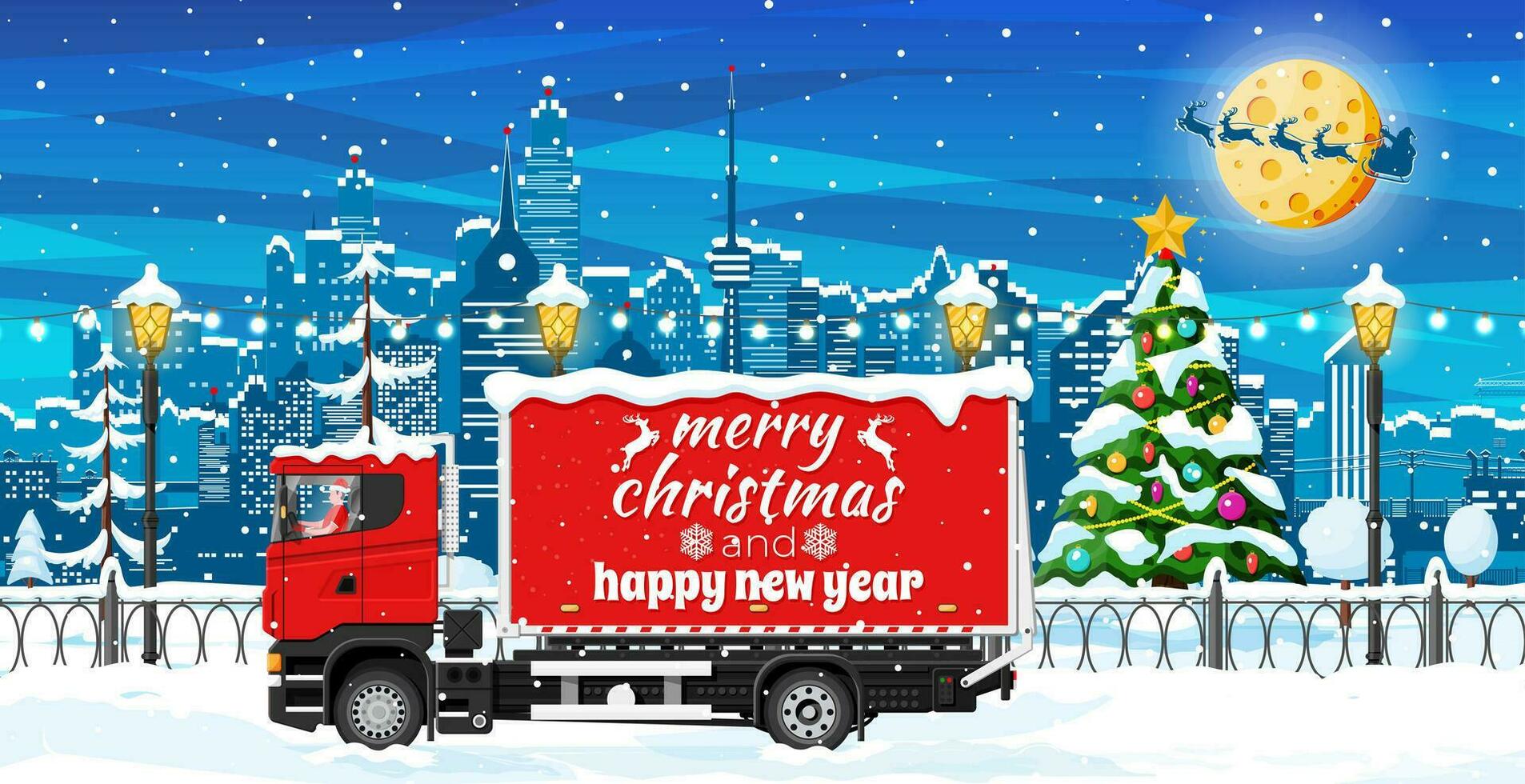 Noël livraison un camion dans ville. livraison homme dans Père Noël claus chapeau. content Nouveau année décoration. joyeux Noël vacances. ville couvert neige. Nouveau année et Noël fête. plat vecteur illustration