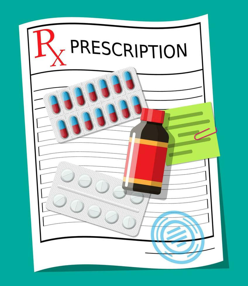 ordonnance rx, pilules, capsules pour maladies et douleur traitement. prise des médicaments concept. médical médicament, vitamine, antibiotique. soins de santé et pharmacie. vecteur illustration dans plat style