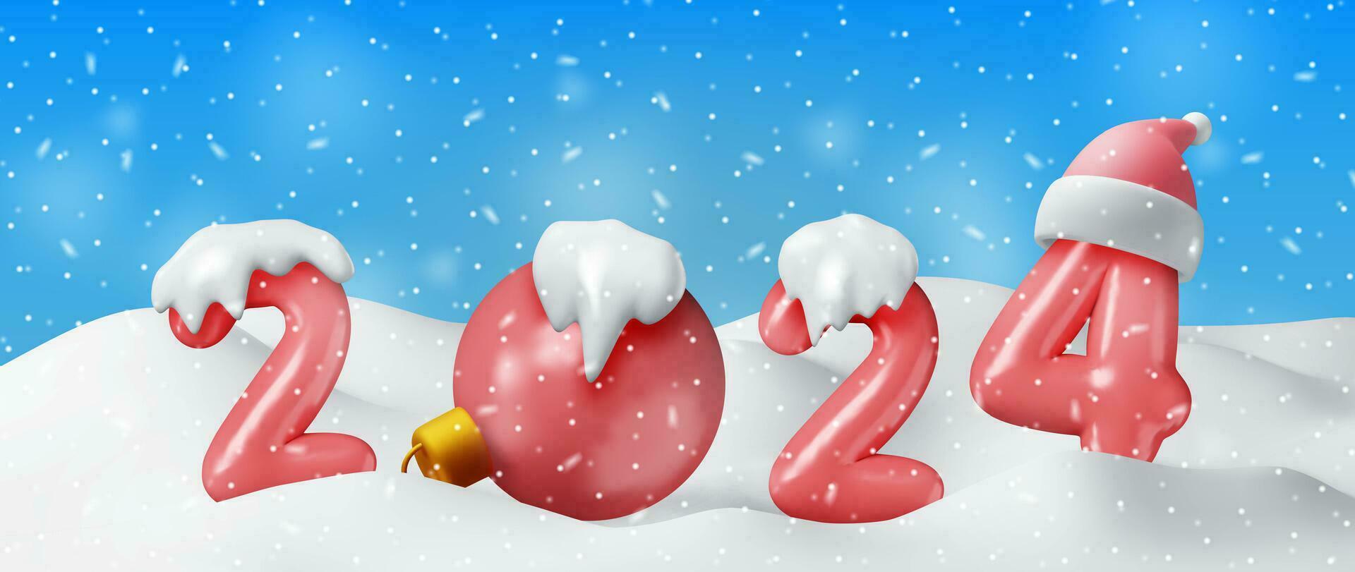 3d rouge ballon 2024 Nouveau année symbole dans neige paysage. rendre rouge 2024 nombre vacances fête décoration. métallique ballon brillant Police de caractère. Nouveau année et Noël fête. réaliste vecteur illustration