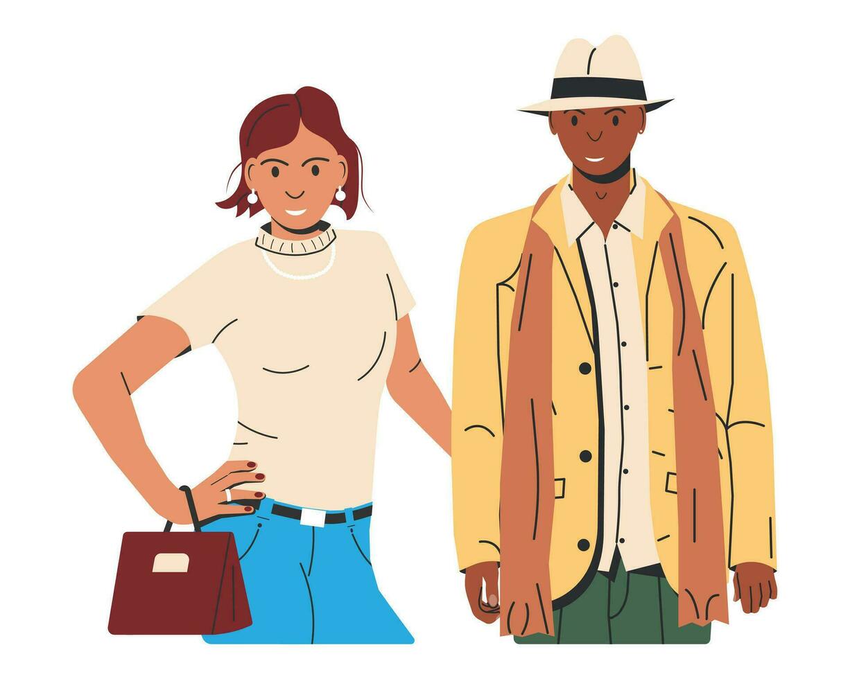 magnifique femme et homme isolé. mode fille avec sac dans jeans. branché homme dans décontractée vêtements. à la mode mode de vie. élégant couple icône. plat vecteur illustration