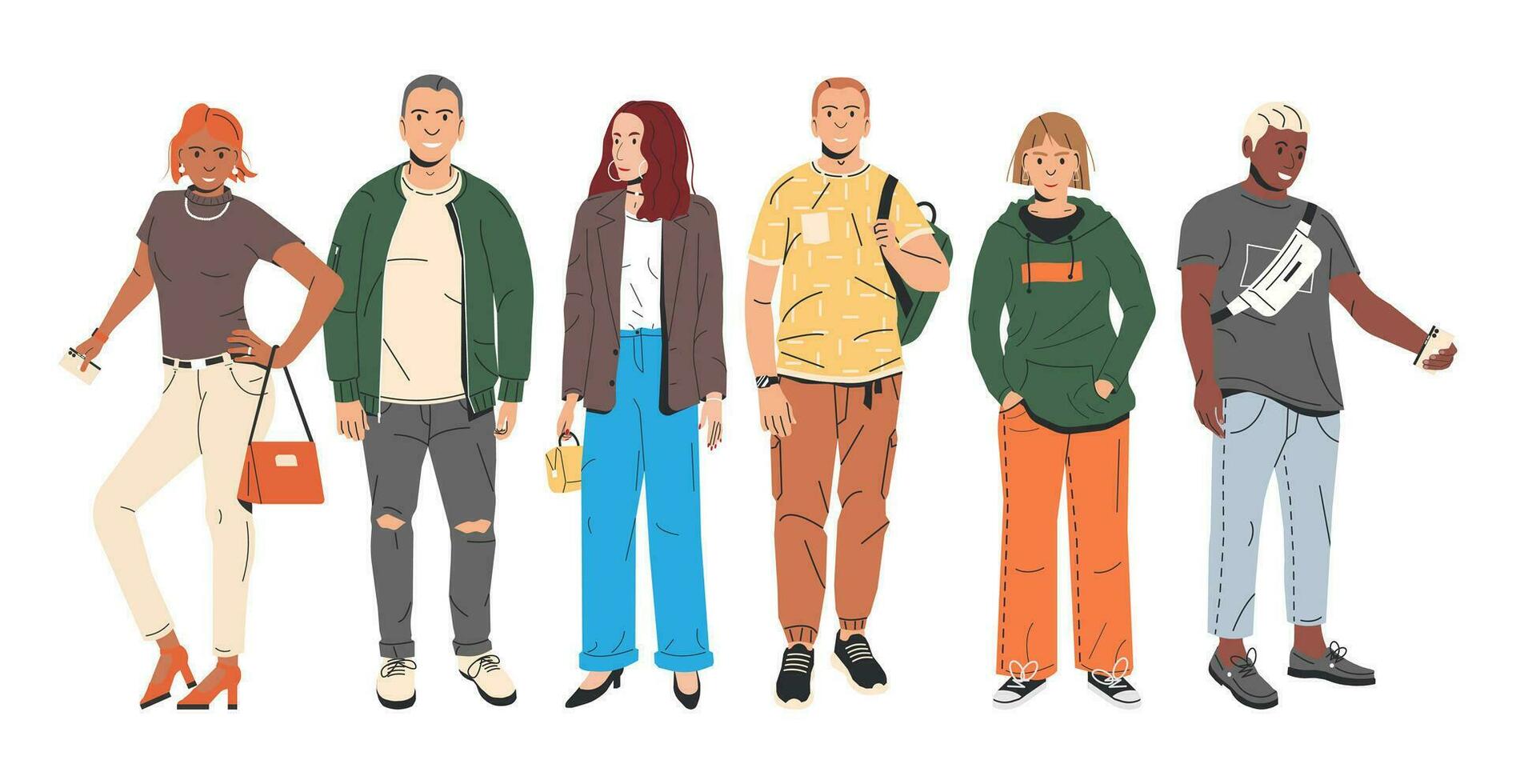 groupe de mode gens personnages. Jeune homme et femme dans branché tenue permanent ensemble. les mecs et les filles avec différent coiffures et ethnies dans élégant décontractée vêtements. plat vecteur illustration