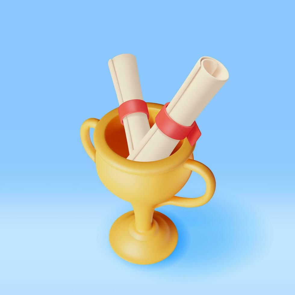 3d or trophée avec diplôme isolé. rendre d'or tasse et papier faire défiler. diplôme ou accréditation. objectif et réalisation. affaires l'obtention du diplôme ou éducation concept. vecteur illustration