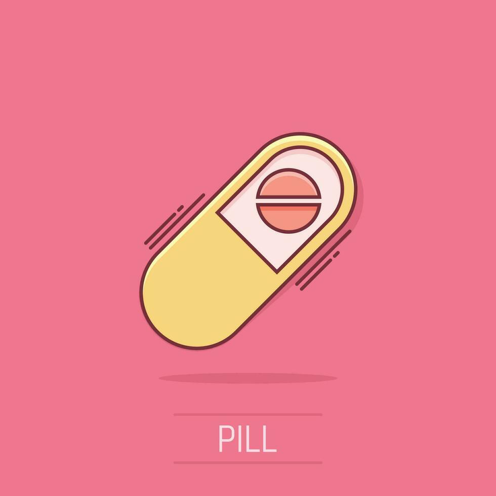 icône de tablette de pilules de capsule de dessin animé de vecteur dans le style comique. pictogramme d'illustration de concept de pilules médicales. concept d'effet d'éclaboussure de capsule et de drogue.