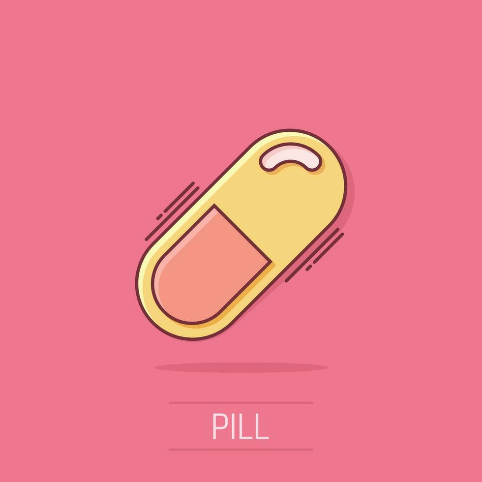 icône de tablette de pilules de capsule de dessin animé de vecteur dans le style comique. pictogramme d'illustration de concept de pilules médicales. concept d'effet d'éclaboussure de capsule et de drogue.