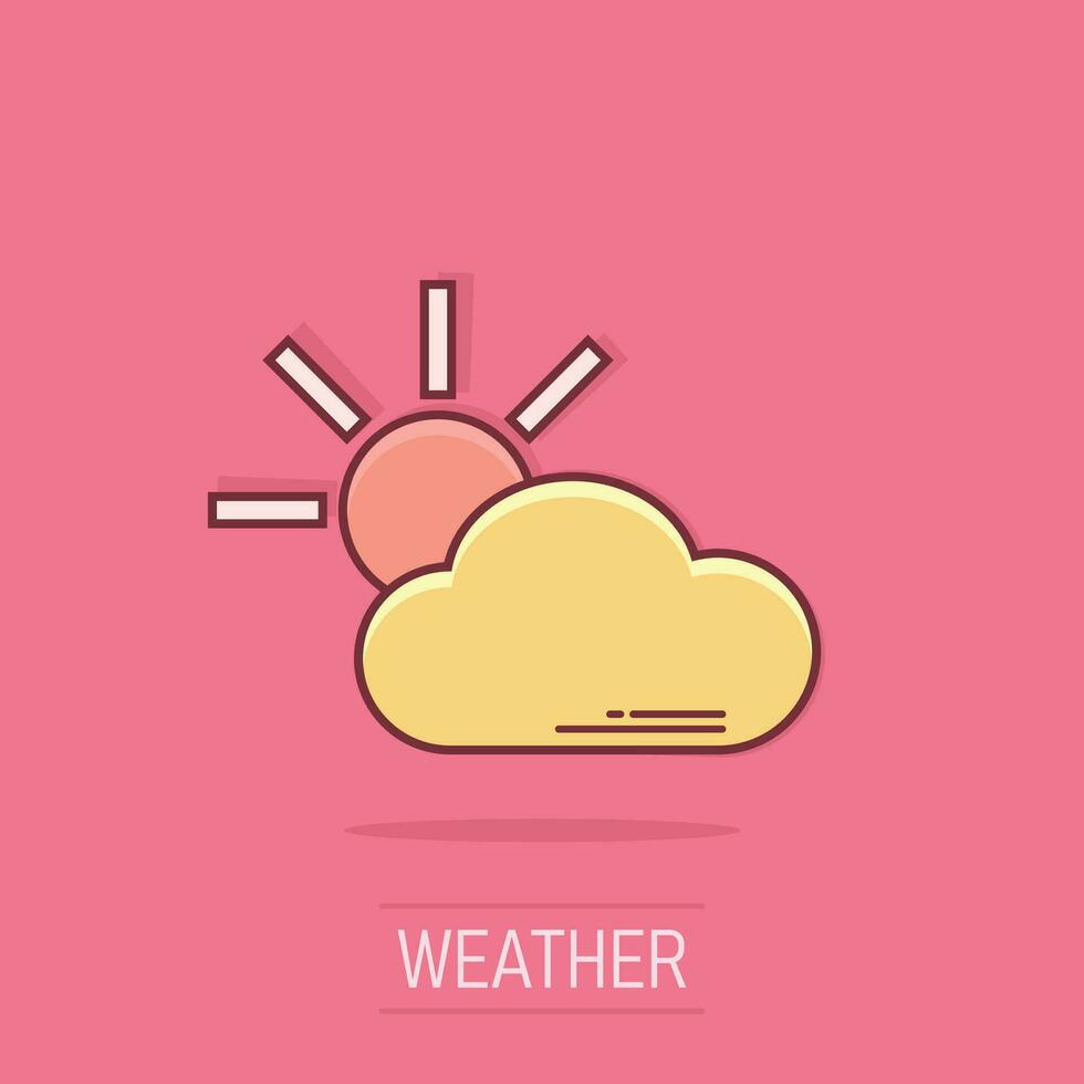 icône de prévision météo de dessin animé de vecteur dans le style comique. soleil avec pictogramme d'illustration de concept de nuages. concept d'effet splash business cloud.