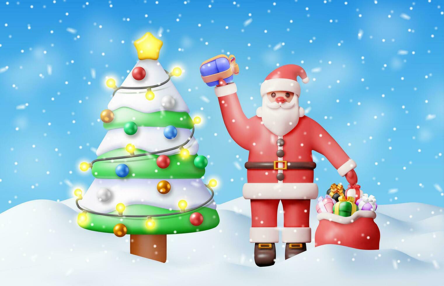 3d Père Noël claus personnage avec cadeau sac dans neige. rendre Noël arbre et Père Noël. content Nouveau année décoration. joyeux Noël vacances. Nouveau année et Noël fête. réaliste vecteur illustration