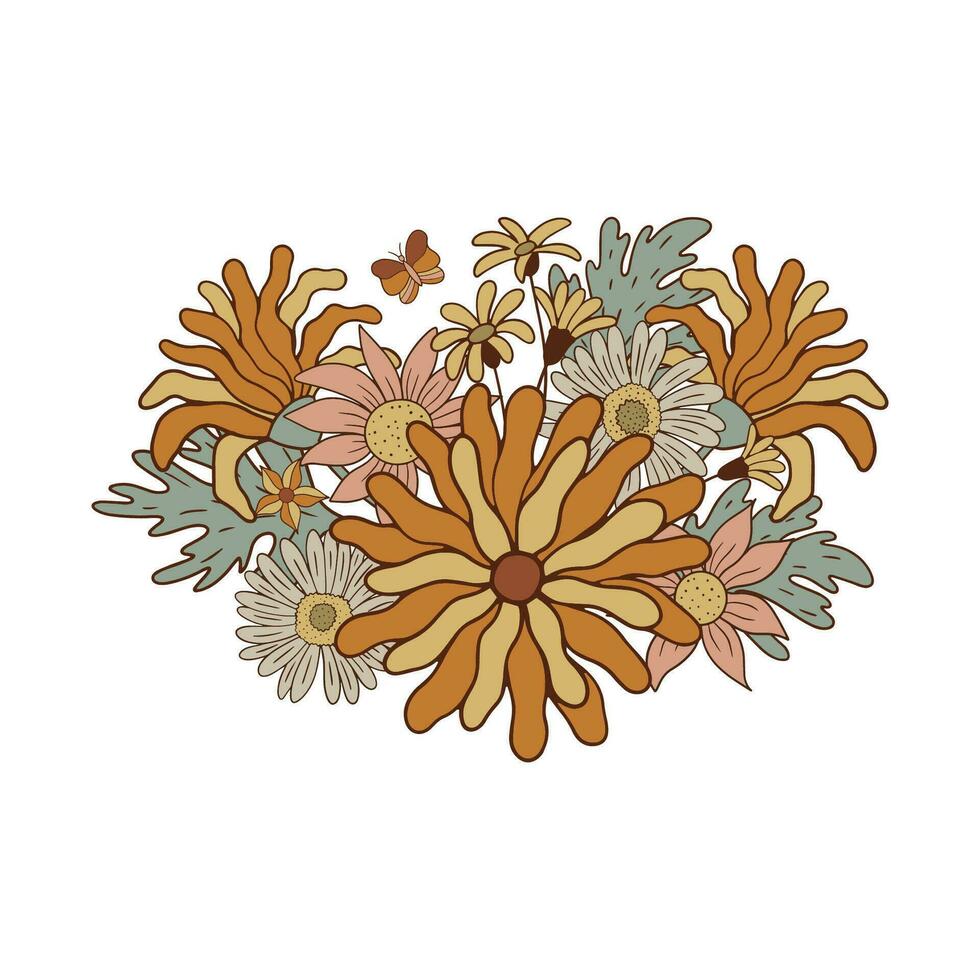 rétro floral composition dans années 60-70 style isolé sur blanc Contexte. vecteur