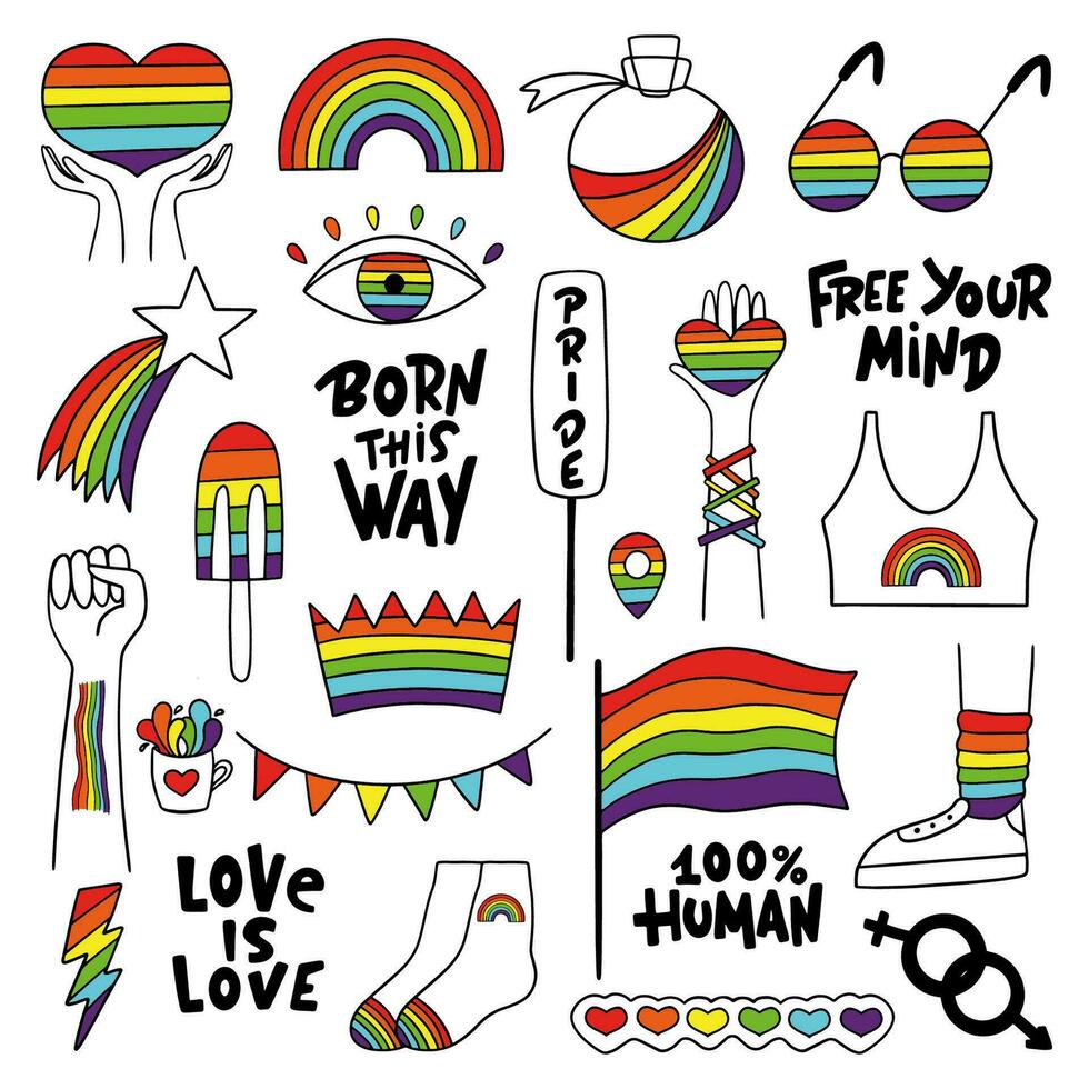 lgbtq collection avec drapeau, mains, cœurs, étoile, arc-en-ciel, phrases. vecteur