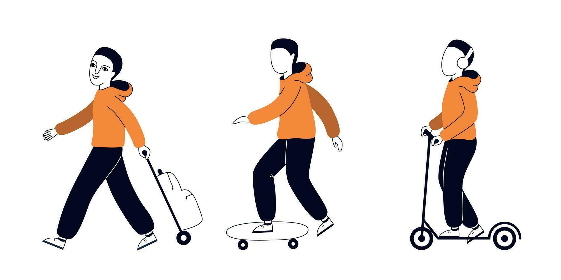 content actif garçon sur marcher scooter, sur une planche à roulette, avec une valise. vecteur