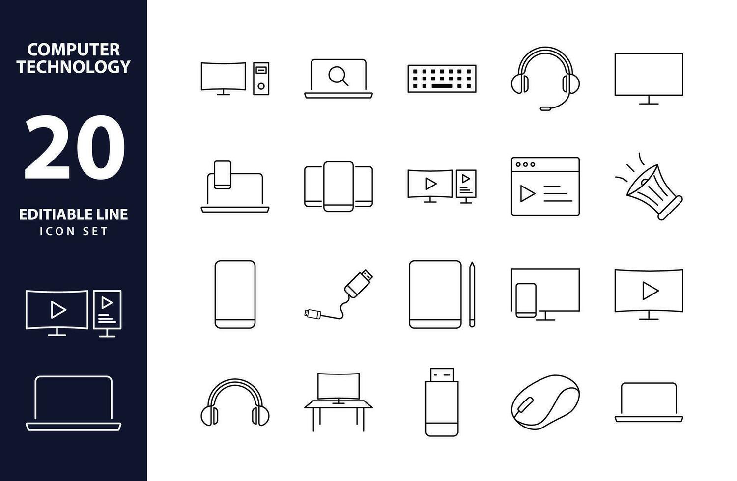 numérique ligne Icônes vecteur illustration de modifiable ordinateur La technologie Icônes dans lisse contour style, avec moniteurs, smartphone, comprimés, ordinateurs portables, électronique dispositifs, bureau, afficher, conduire
