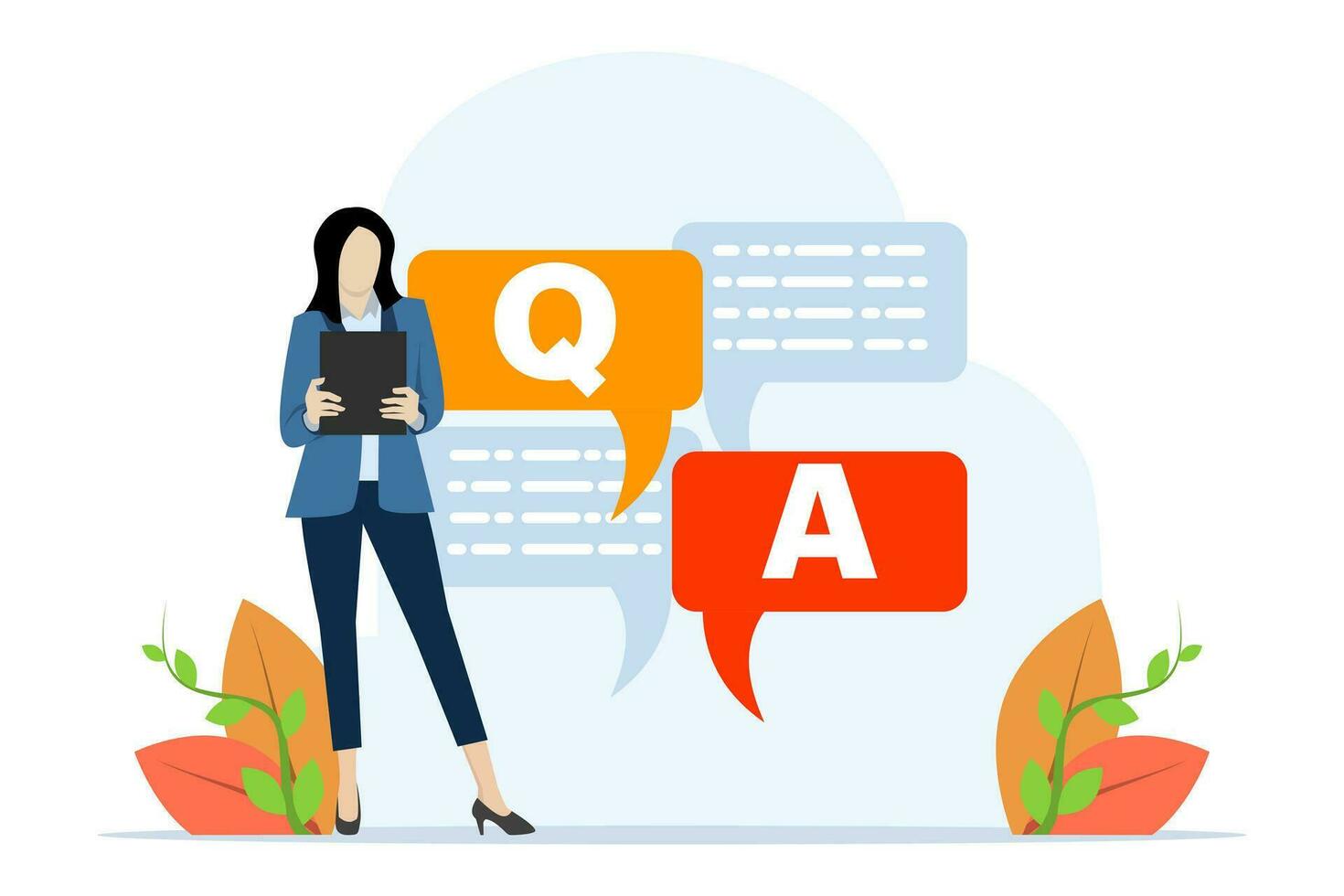 client un service concept. utilisateurs demander des questions dans soutien discuter. notre collection de Contacts, FAQ, des questions, réponses. vecteur plat illustration pour bannière ui. plat vecteur illustration.