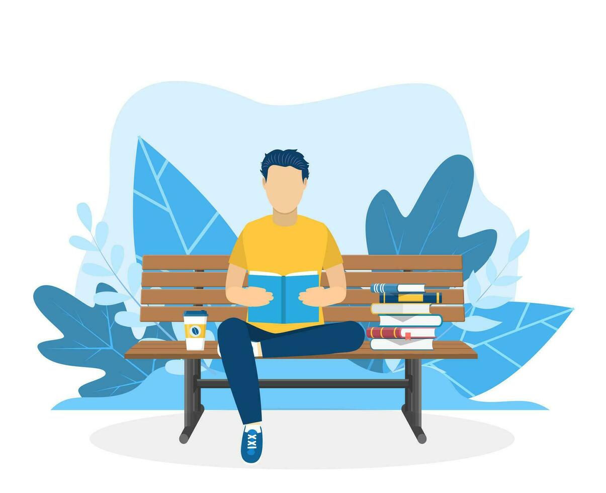 Jeune homme en train de lire livre sur le banc. éducation, en lisant, en étudiant. vecteur illustration dans plat style. vecteur illustration dans plat style