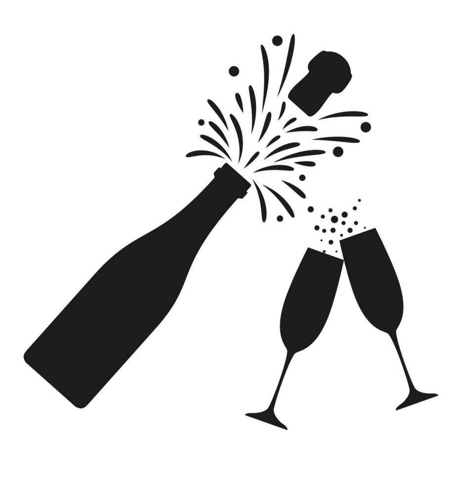Champagne bouteille et deux des lunettes noir silhouette Icônes. isolé sur blanc Contexte pour vacances décoration conception. vecteur illustration dans plat style
