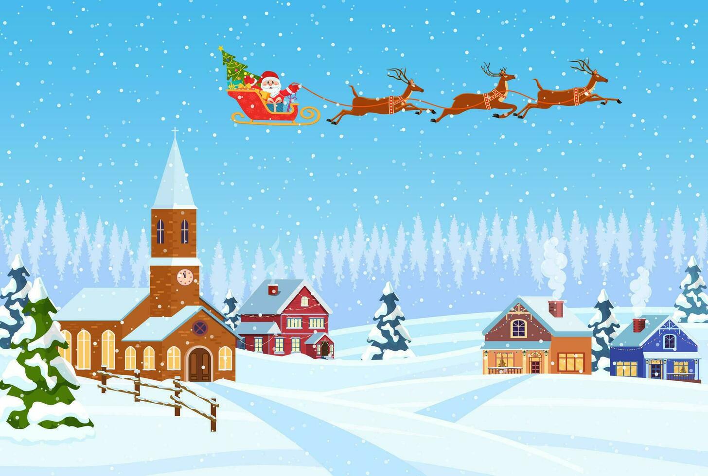 une maison dans une neigeux Noël paysage. Père Noël claus en volant sur une traîneau. concept pour salutation ou postal carte. joyeux Noël vacances. Nouveau année et Noël fête vecteur
