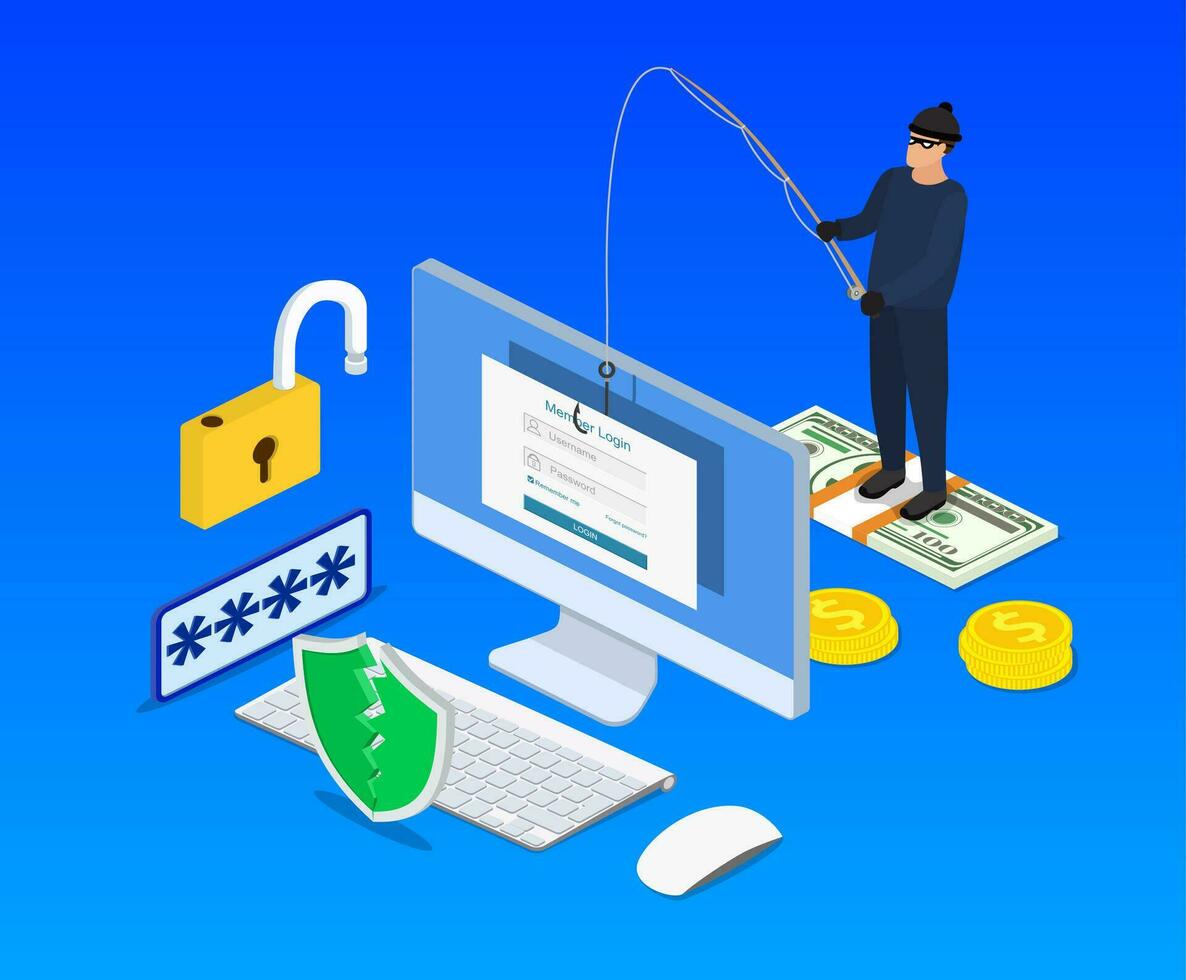 isométrique s'identifier dans Compte et pêche accrocher. l'Internet Hameçonnage, piraté s'identifier et mot de passe.ordinateur l'Internet Sécurité concept. anti virus, Spyware, logiciels malveillants. vecteur illustration dans plat style