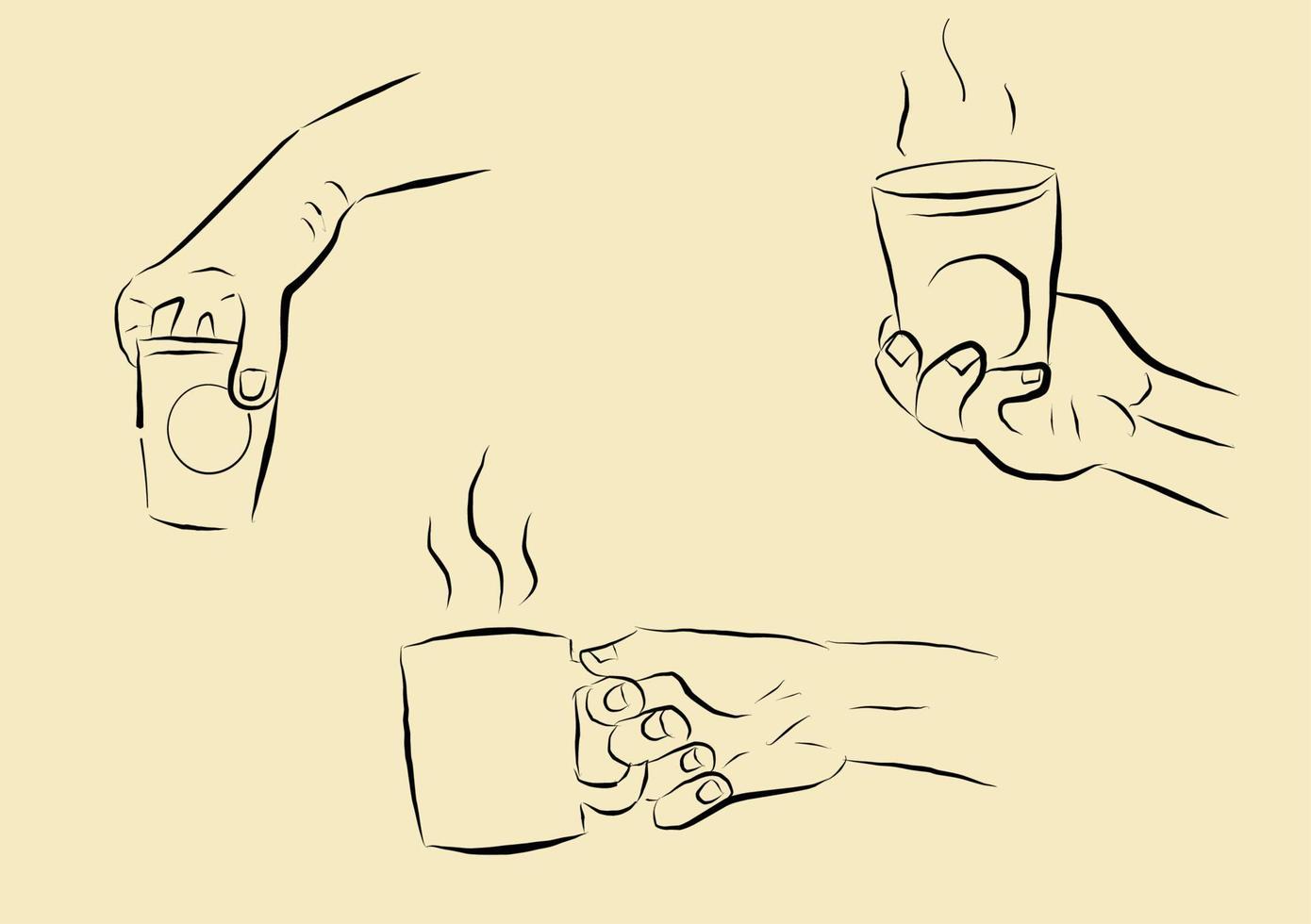 Tenir à la main une tasse de café dessinée à la main, dessin au trait symbole isolé sur fond marron vecteur