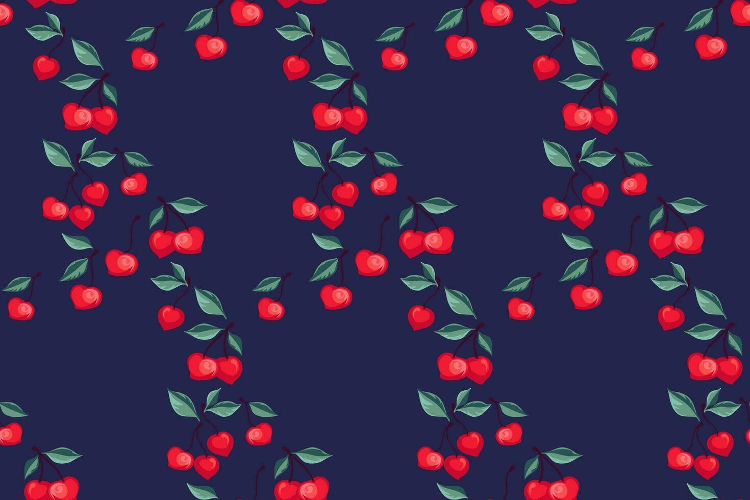 coloré sans couture modèle avec Créatif mignonne Cerise sur une foncé bleu Contexte. vecteur main tiré esquisser. été baies, des fruits, feuilles, Contexte. des fruits illustration imprimer. conception pour mode