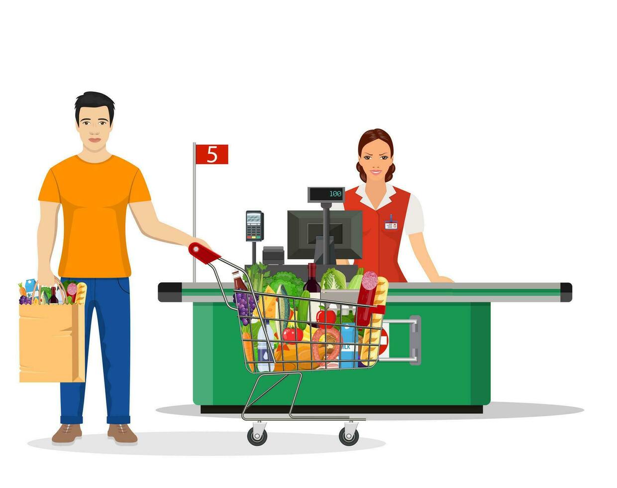 gens achats dans supermarché. femme la caissière dans supermarché. en espèces enregistrer, la caissière et acheteur avec Chariot. vecteur illustration dans plat style