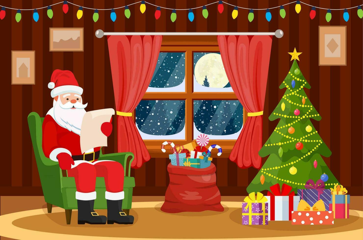 joyeux Noël. Père Noël claus séance dans fauteuil dans vivant pièce et en train de lire souhait liste. Noël Contexte. Noël arbre, hiver fenêtre, cadeaux dans le sac. vecteur illustration dans plat style