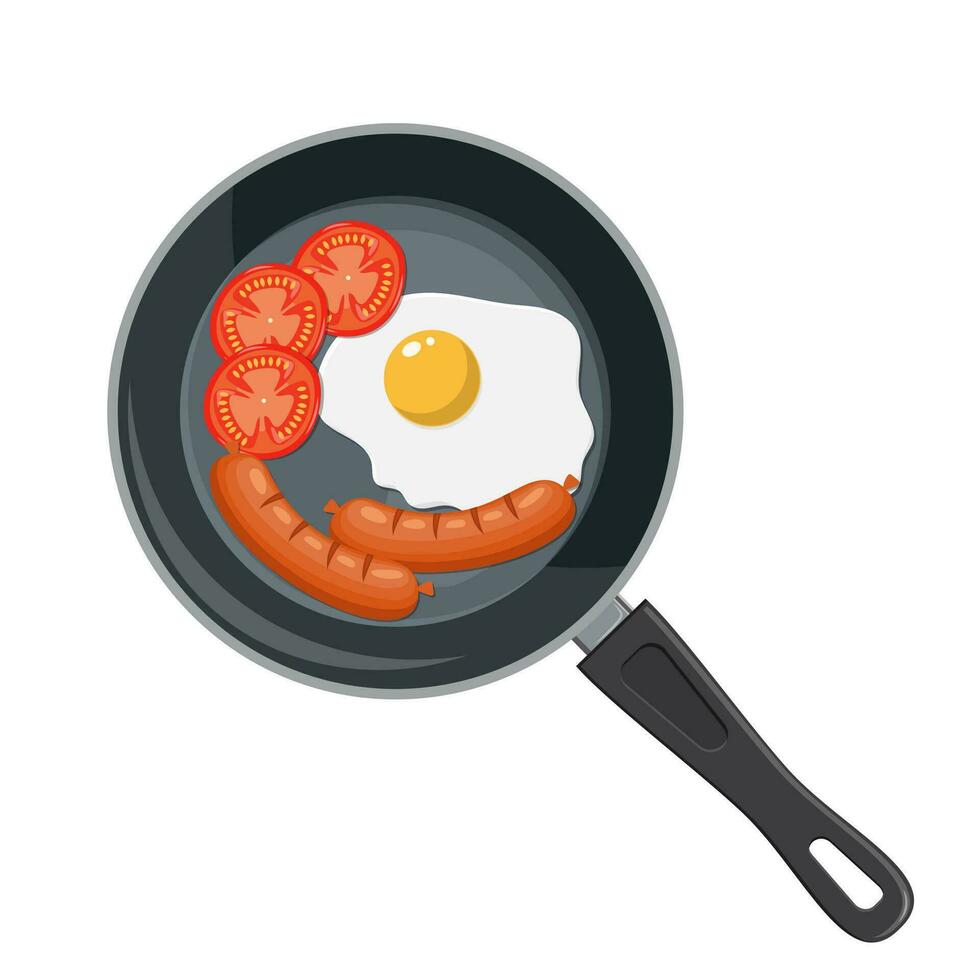 chaud friture la poêle avec frit œufs, saucisses, tomates Haut voir. isolé sur blanc Contexte. cuisine aliments. frire produit. cuit repas. vecteur illustration dans plat style.