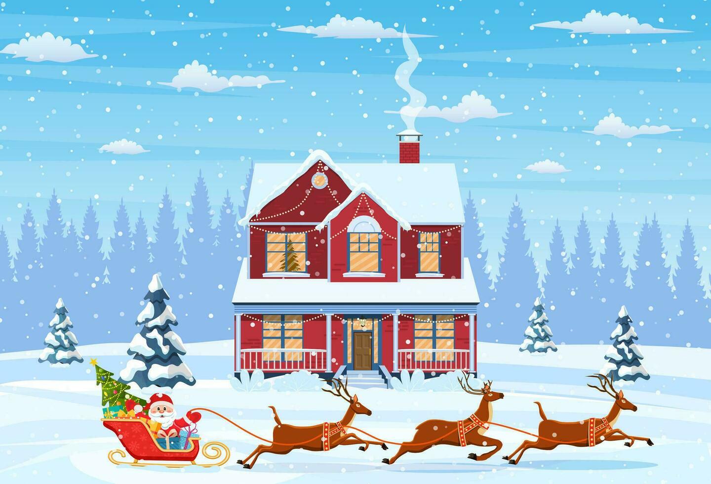 une maison dans une neigeux Noël paysage. Père Noël claus sur une traîneau. concept pour salutation ou postal carte. joyeux Noël vacances. Nouveau année et Noël fête vecteur