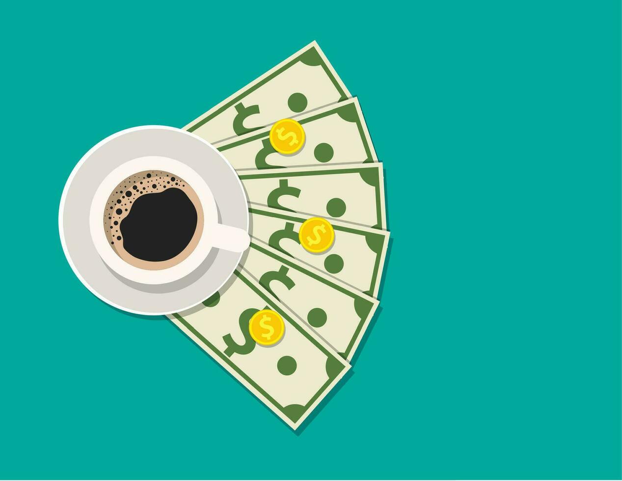 tasse avec café, en espèces et pièces de monnaie vecteur