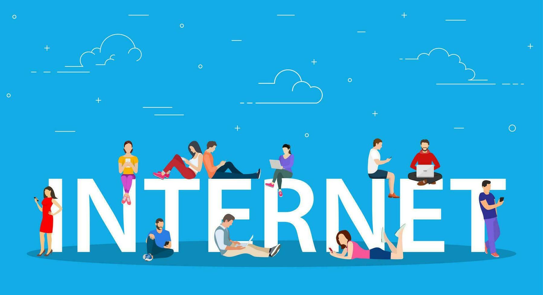 l'Internet concept. Jeune gens avec tablette PC et ordinateurs portables sont engagé dans distance apprentissage sur le l'Internet. vecteur illustration dans plat style