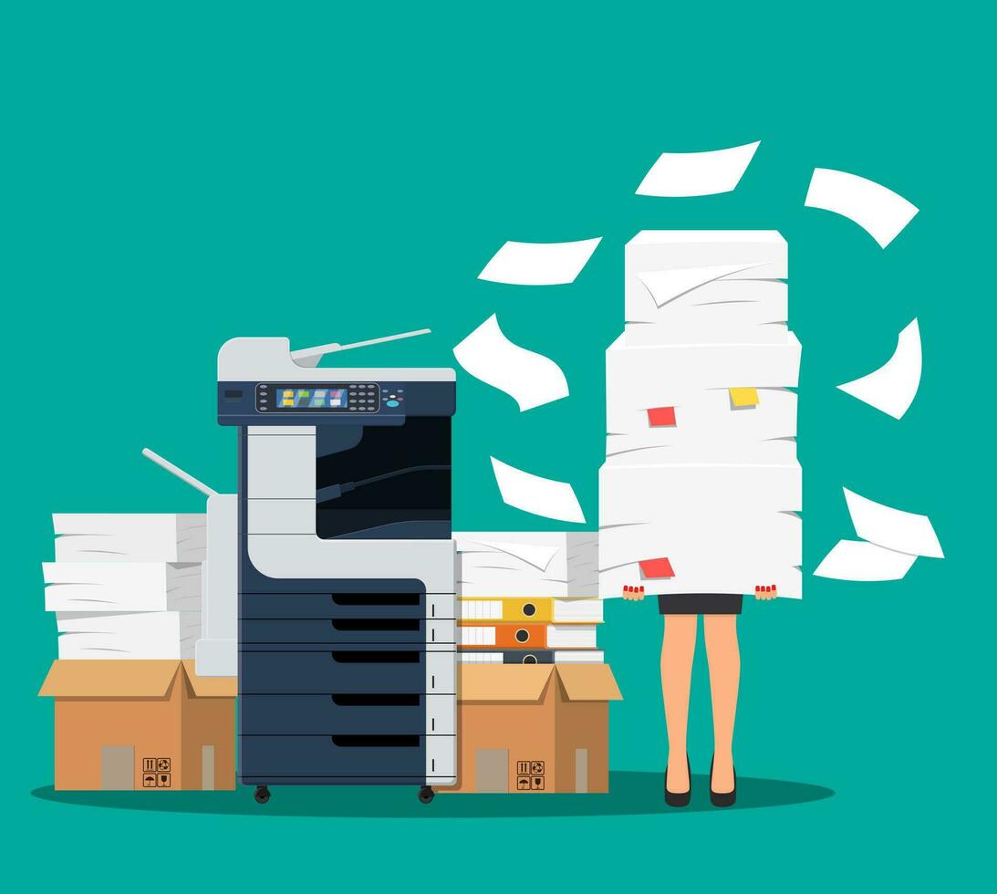 femme d'affaires dans pile de papiers. Bureau multifonction machine. bureaucratie, formalités administratives, surmenage, bureau. imprimante copie scanner appareil. professionnel impression gare. vecteur illustration plat style