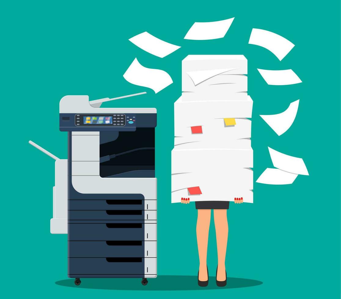 femme d'affaires dans pile de papiers. Bureau multifonction machine. bureaucratie, formalités administratives, surmenage, bureau. imprimante copie scanner appareil. professionnel impression gare. vecteur illustration plat style