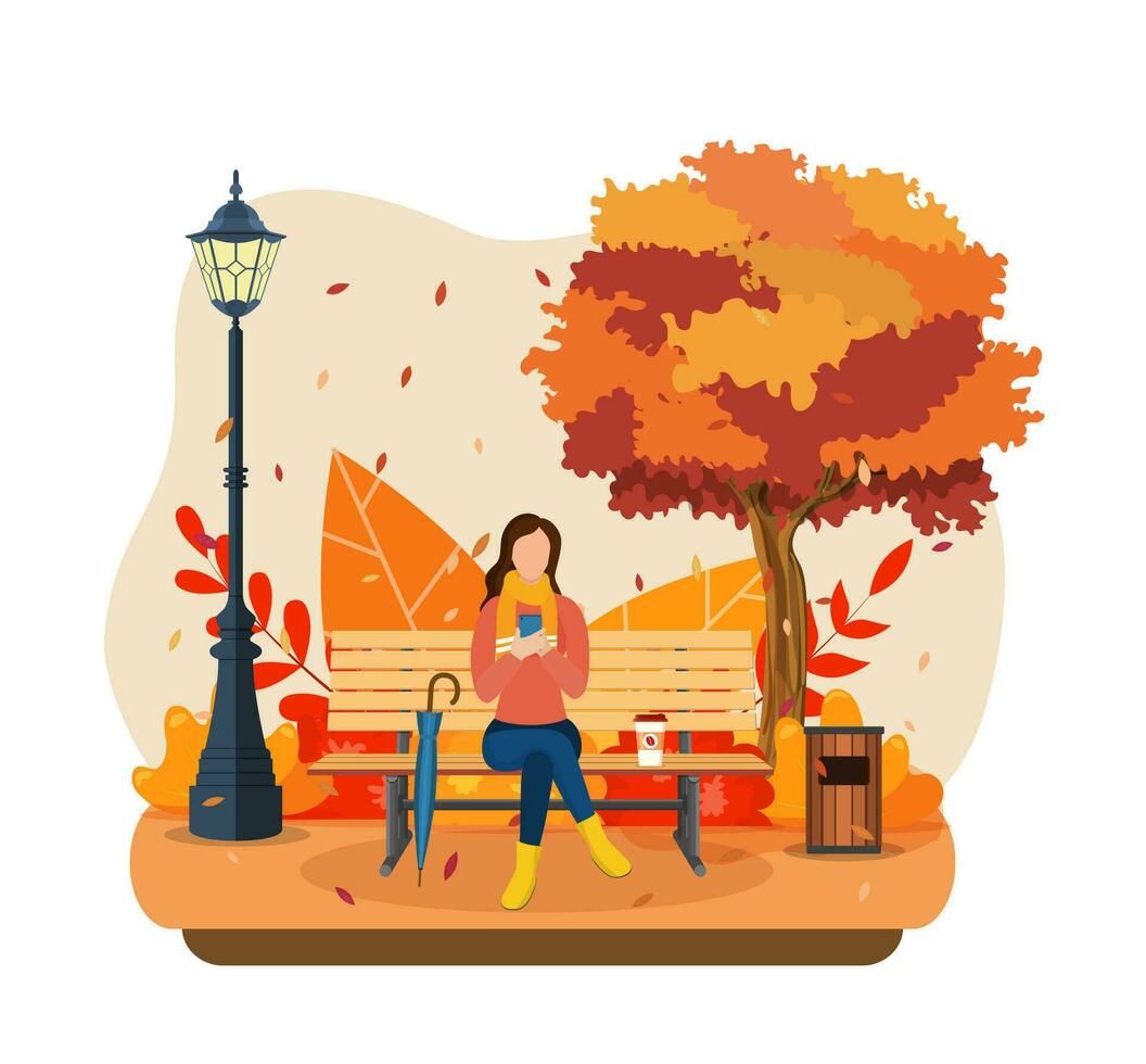 magnifique l'automne ville parc avec banc. femme en utilisant téléphone séance sur le banc dans papier. free-lance ou en train d'étudier concept. en ligne éducation. vecteur illustration dans plat style