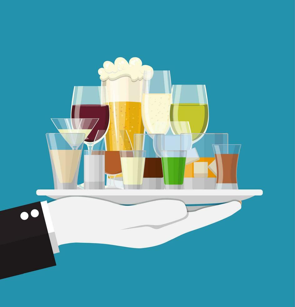 de l'alcool les boissons collection dans plateau de serveur. des lunettes avec Vodka Champagne du vin whisky Bière Cognac Tequila Cognac alcool Vermouth Gin Rhum Absinthe . vecteur illustration plat style