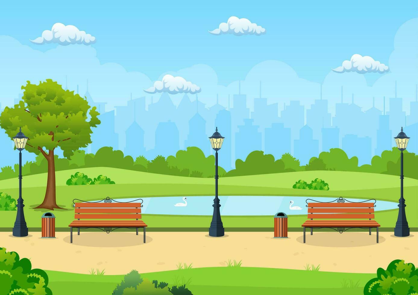 banc avec arbre et lanterne dans le parc. vecteur illustration dans plat style
